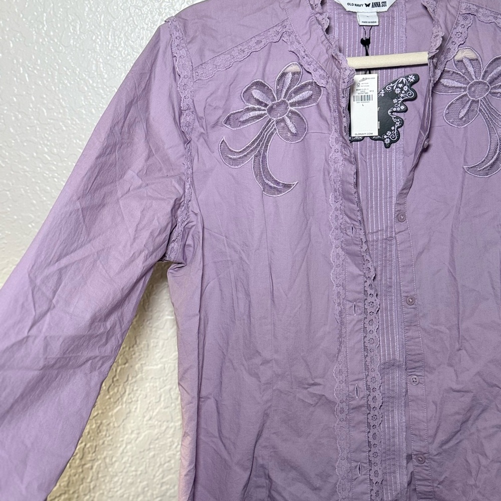 Old Navy x Anna Sui Lilac Embroidered Ruffle Button-Down Shirt - Picture 8 of 9